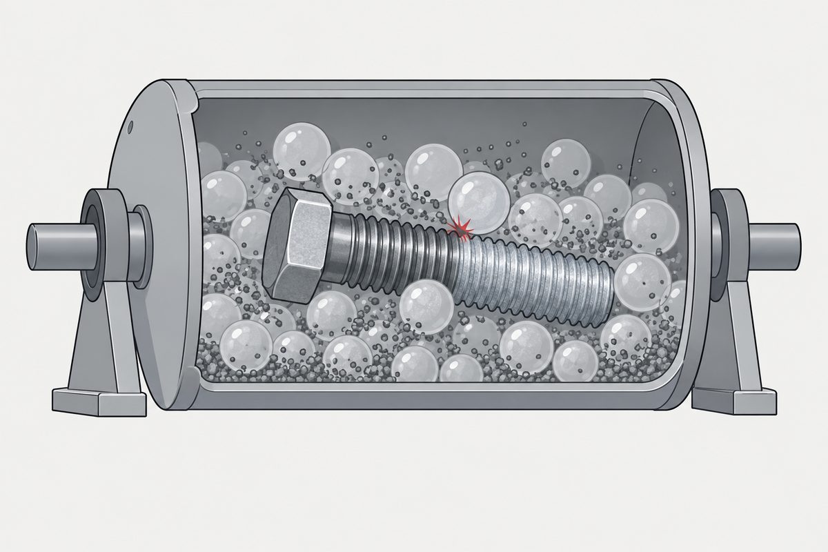 A cutaway plating barrel filled with glass beads and zinc powder around a steel hex-head screw.