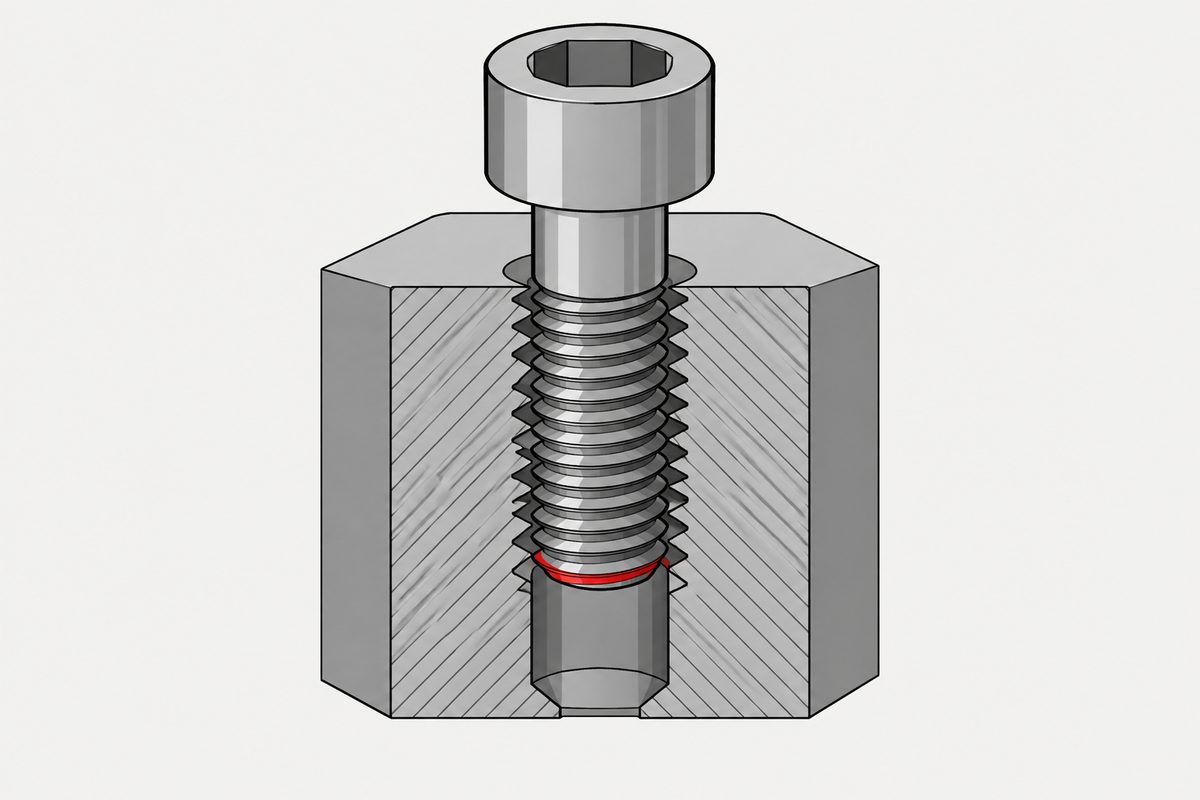 Cutaway steel block with a socket-head screw and its lowest engaged thread highlighted red.