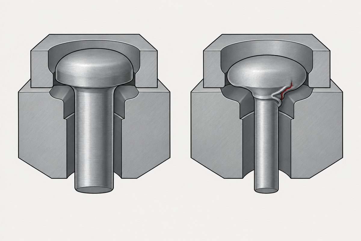 Two screw blanks in cutaway dies; the smaller blank on the right has a red crack at its folded head.