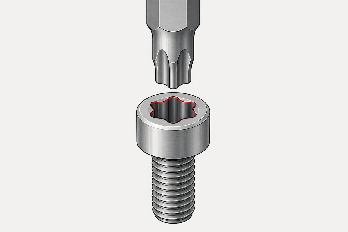 A six-lobed steel driver bit aligns above a socket-head screw whose recessed edge is outlined in red.