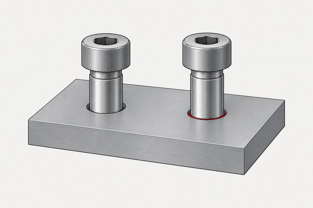 Two steel shoulder bolts sit in a machined plate, with a narrow red ring around the right-hand hole.