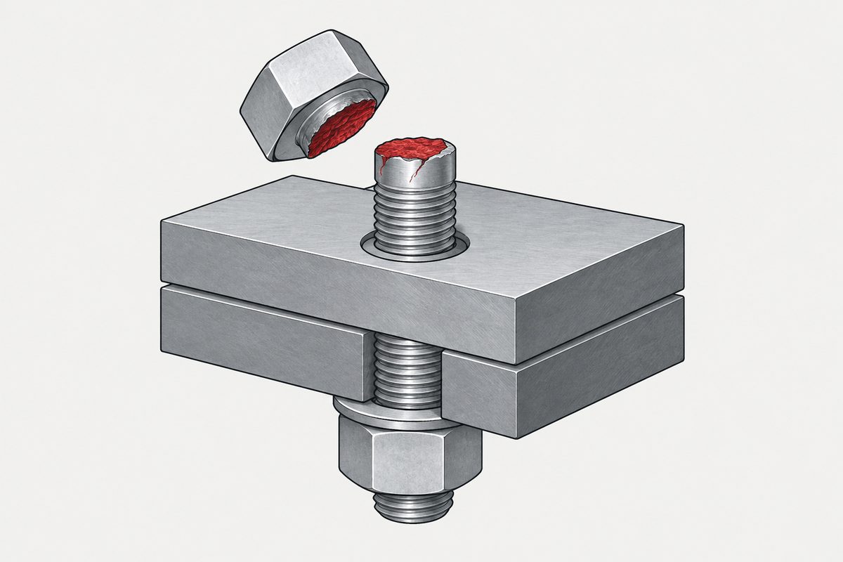 A steel bolt clamping two plates has snapped below its hex head, with the fracture surfaces highlighted red.