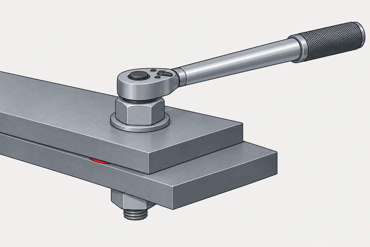 A torque wrench sits on a bolted steel lap joint with a small red gap visible between the plates.