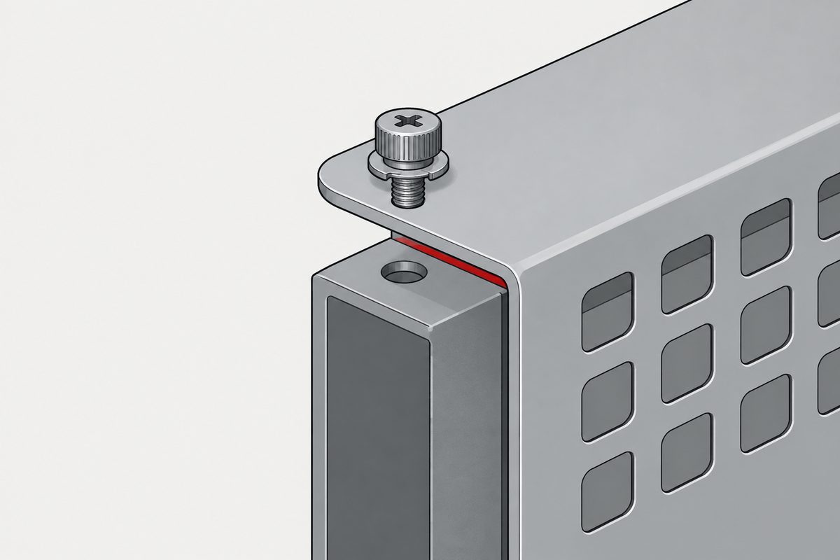 A captive screw remains in a raised steel machine guard above its mounting hole, with a red gap below.