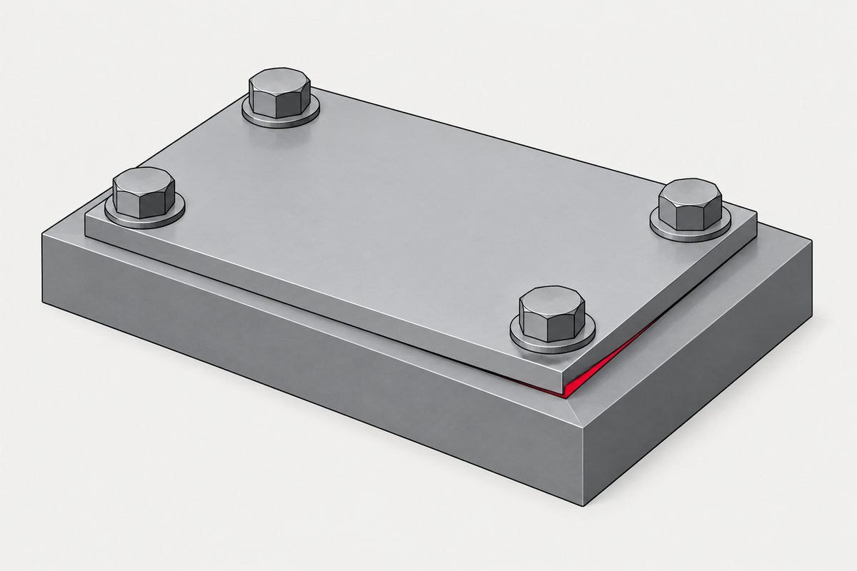 A four-bolt steel plate sits on a machined base, with one corner lifted above a red-highlighted gap.