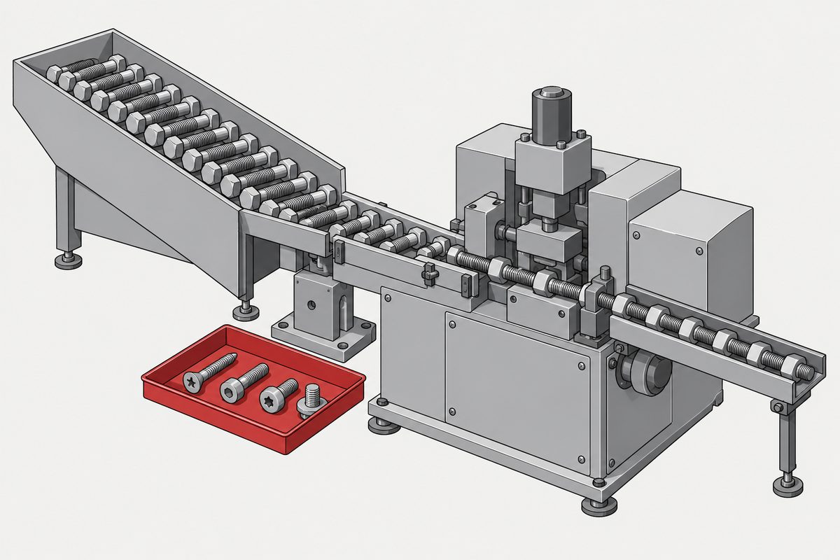 Rows of hex bolts feed through a grey machine beside a red tray holding four different screws.