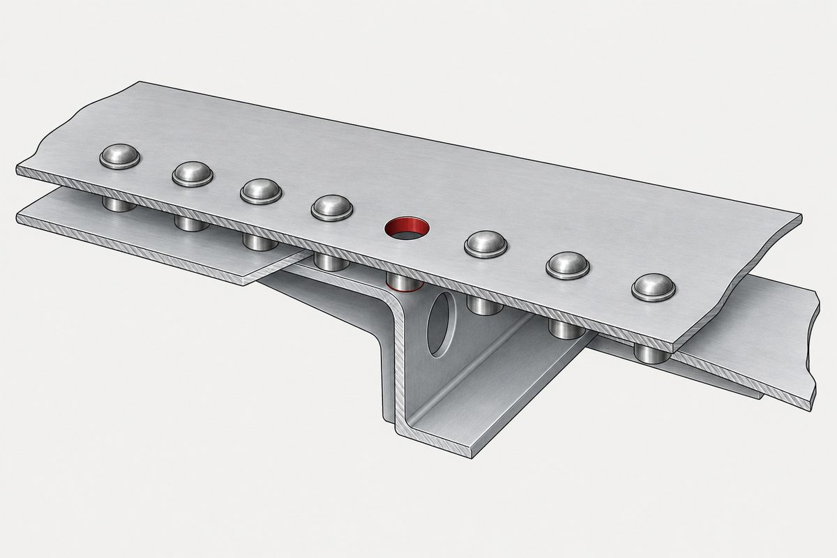 A riveted sheet-metal joint with one empty hole in the row of rivets, its rim marked in red.