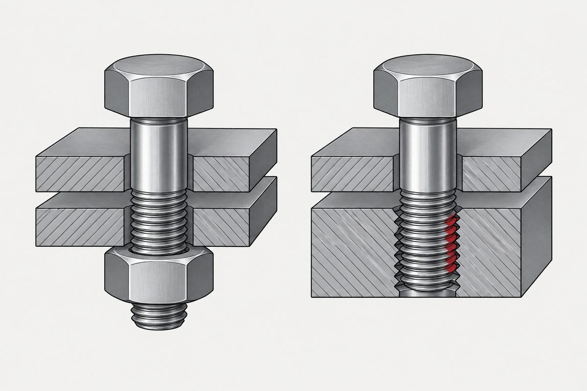 Two cutaway steel joints show identical fasteners, one secured by a nut and one threaded into a tapped block.