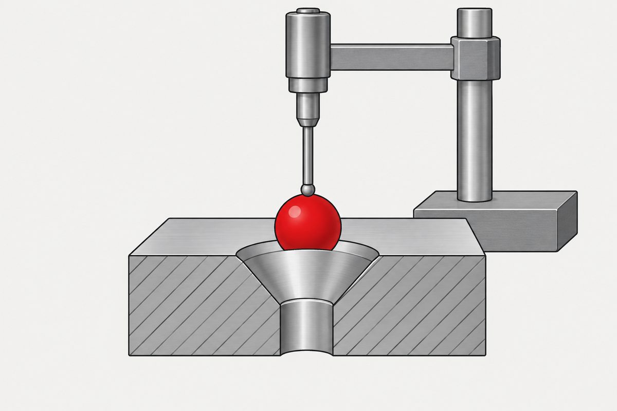 A height-gauge probe touches a red ball seated in a countersunk hole shown in cutaway.