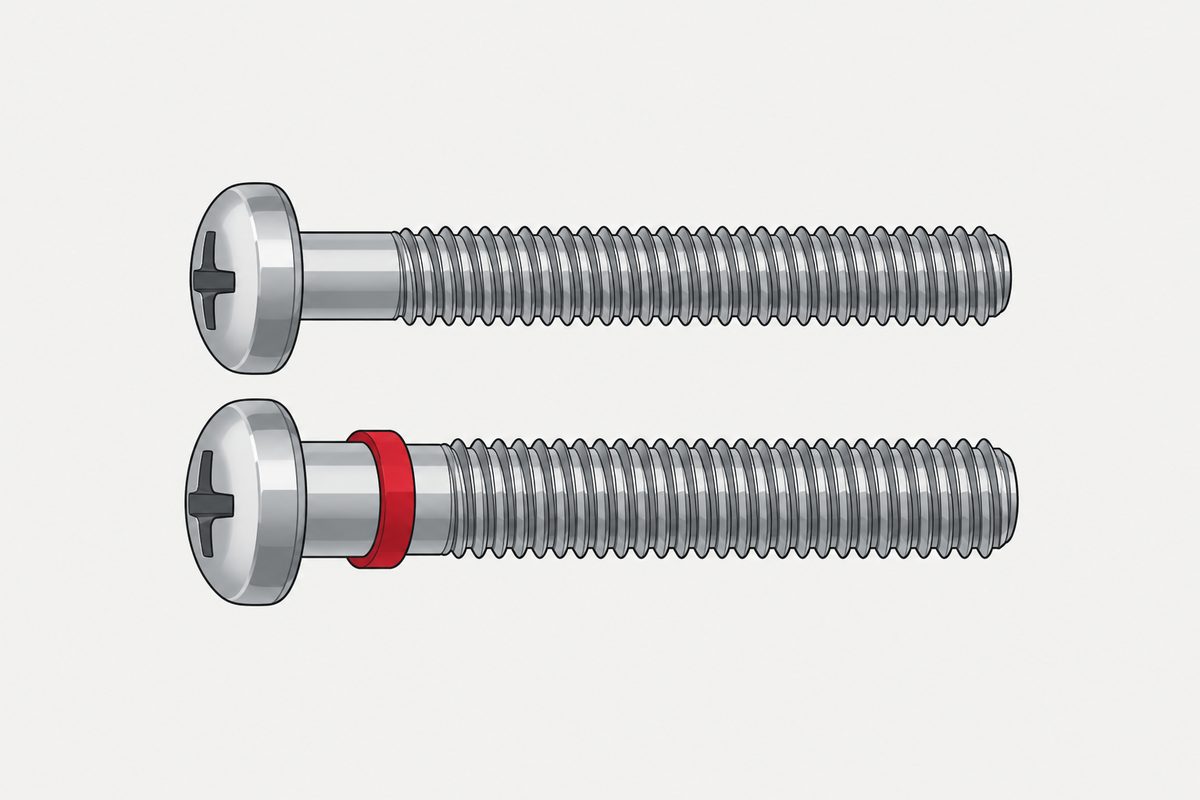 Two parallel steel machine screws, with a red collar around the subtly thicker lower screw.