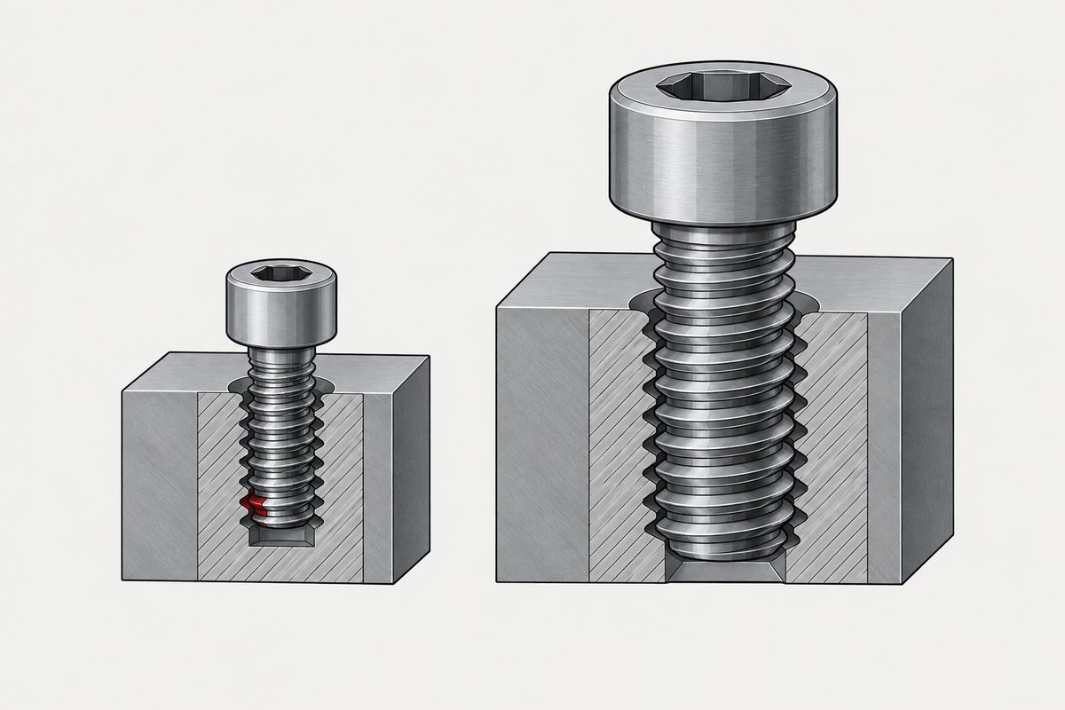 Cutaway steel blocks compare small and large socket-head screws, with one micro-thread highlighted red.