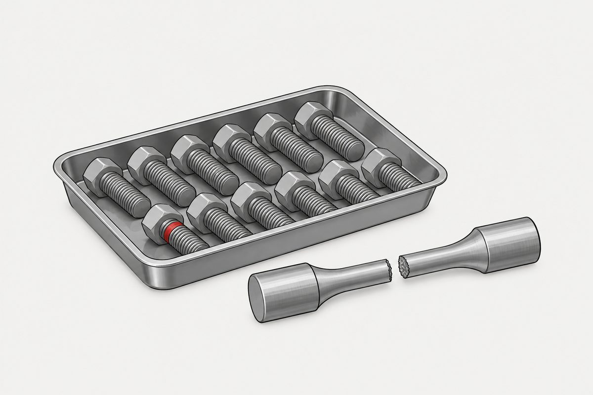 A tray of steel hex bolts beside a fractured tensile specimen, with one bolt marked by a red band.