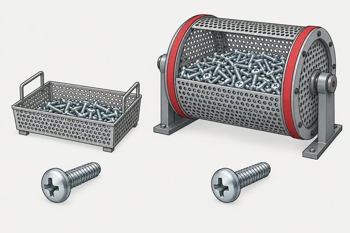 A small metal basket and a large red-rimmed rotary barrel hold similar Phillips pan-head screws.