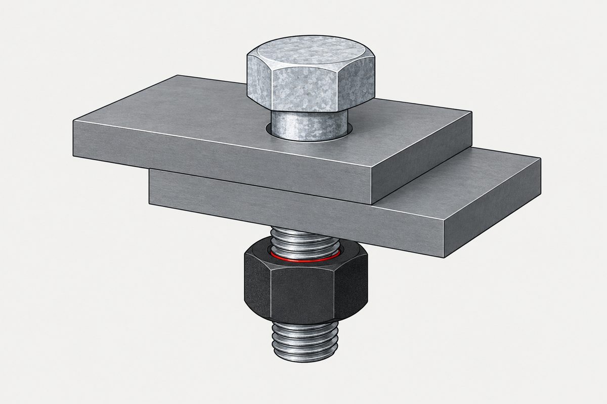Silver-grey bolt through two steel plates with a black hex nut and a red ring at the threaded interface.