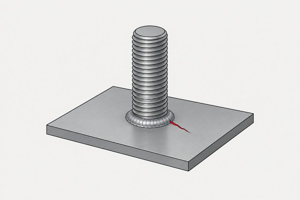 An intact threaded weld stud on a steel plate, with a red crack starting beside the circular weld bead.