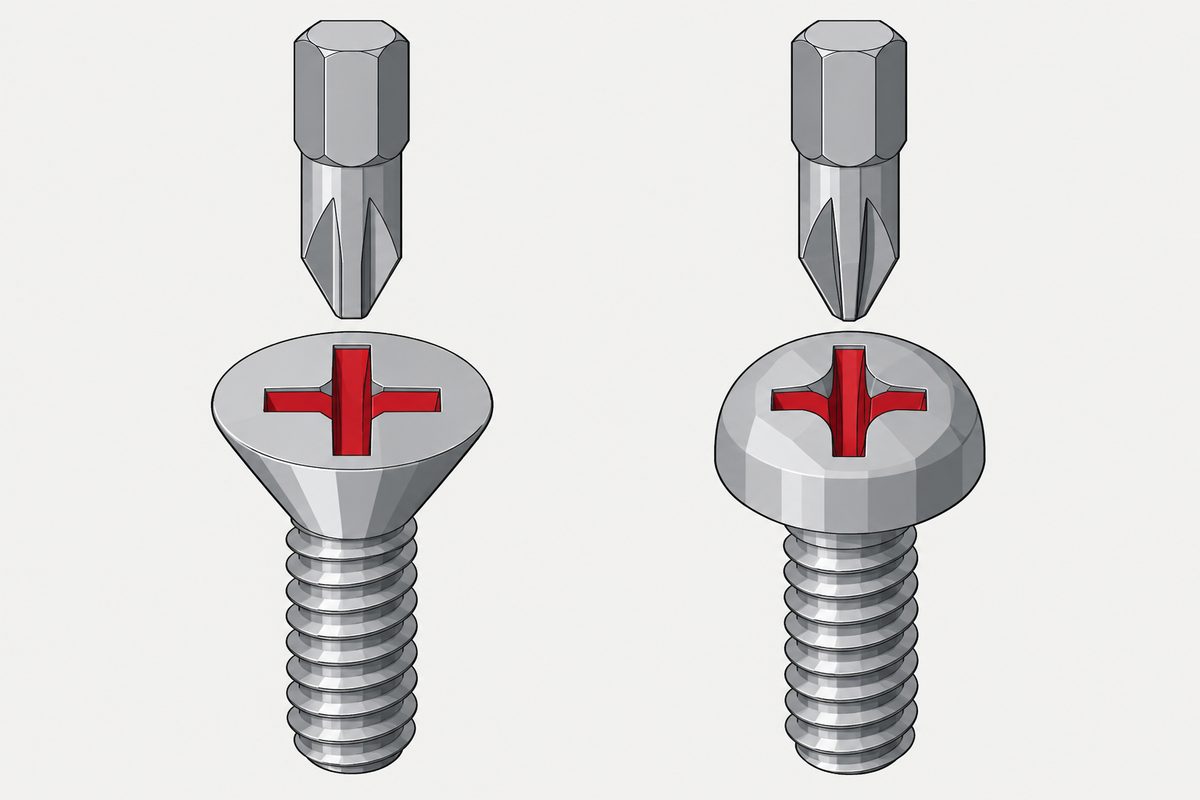 Two steel cross-recess screws sit side by side beneath driver bits, with both recesses highlighted red.