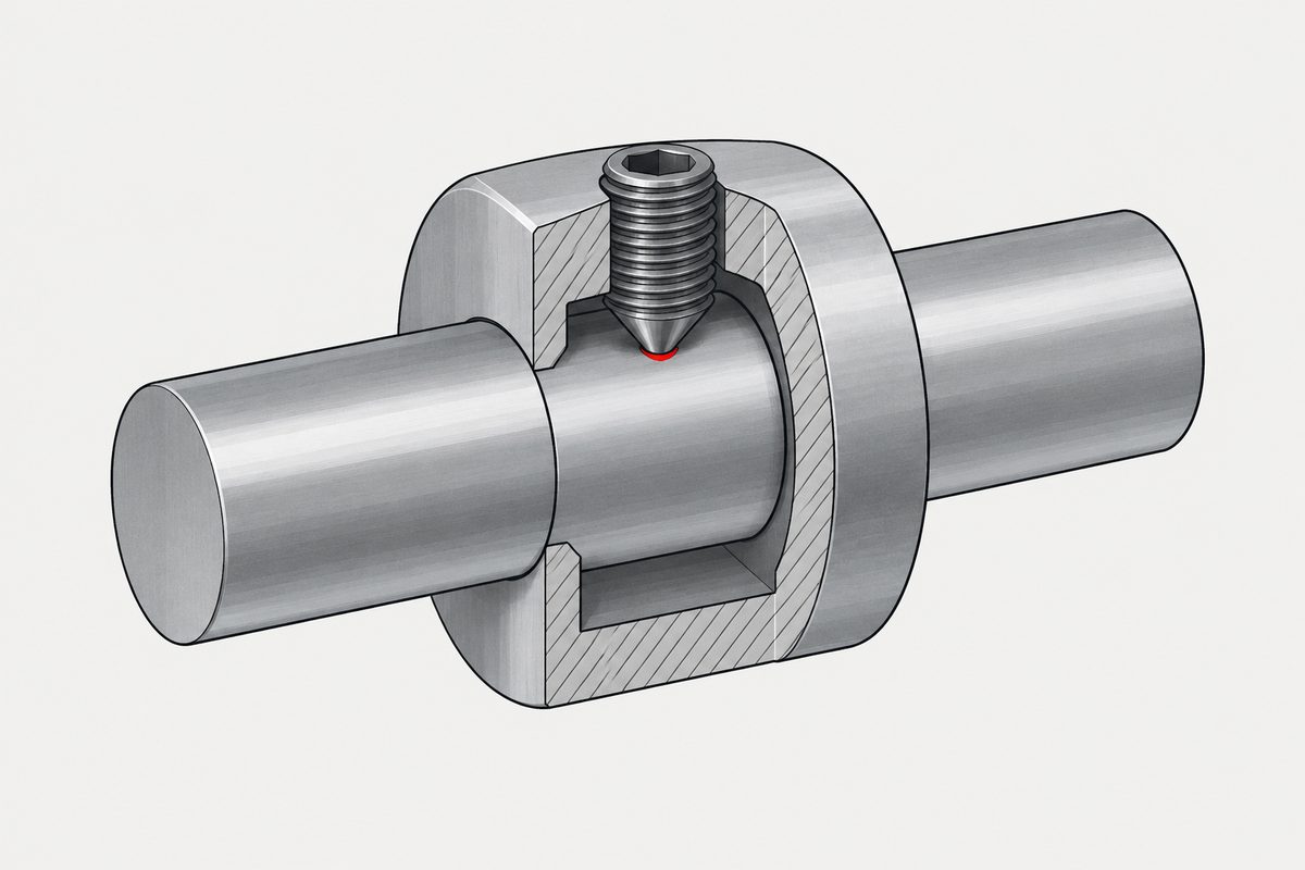 Cutaway steel hub with a pointed set screw pressing a round shaft, marked by a small red contact scar.