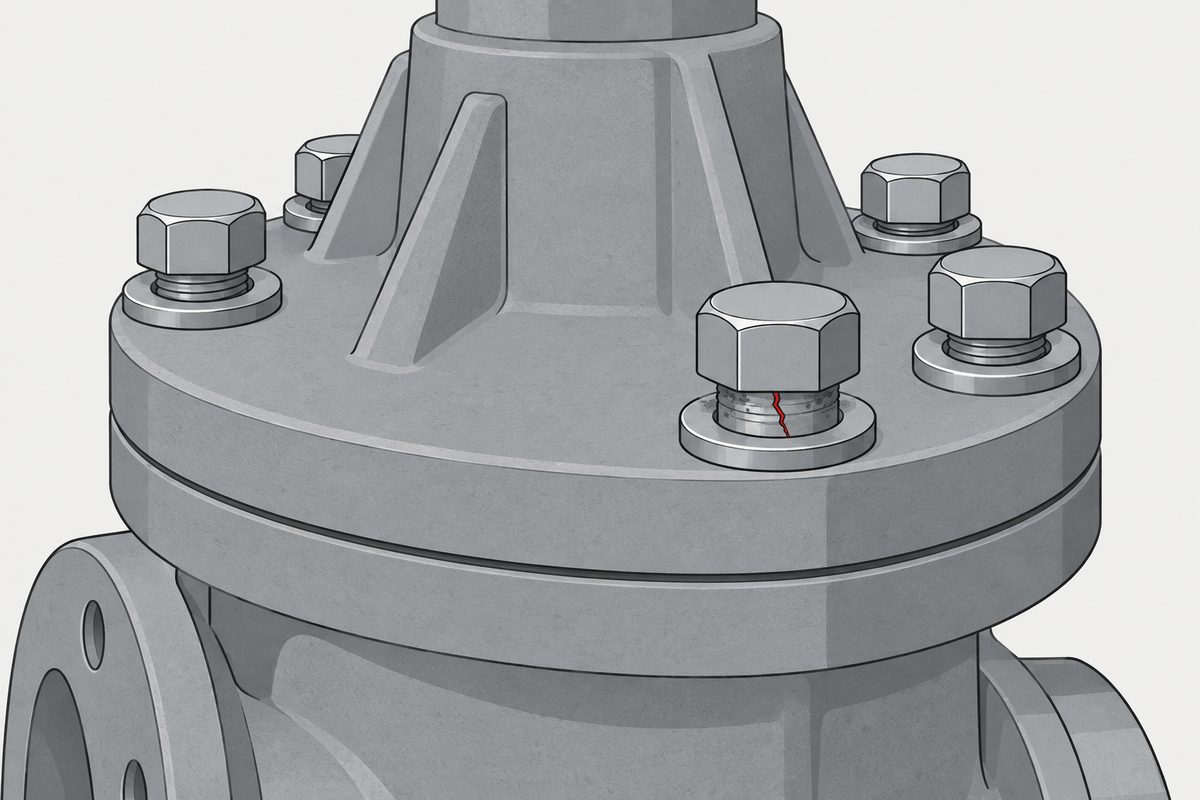 Grey valve bonnet flange with hex bolts; the foreground bolt has a red crack beneath its head at the washer.