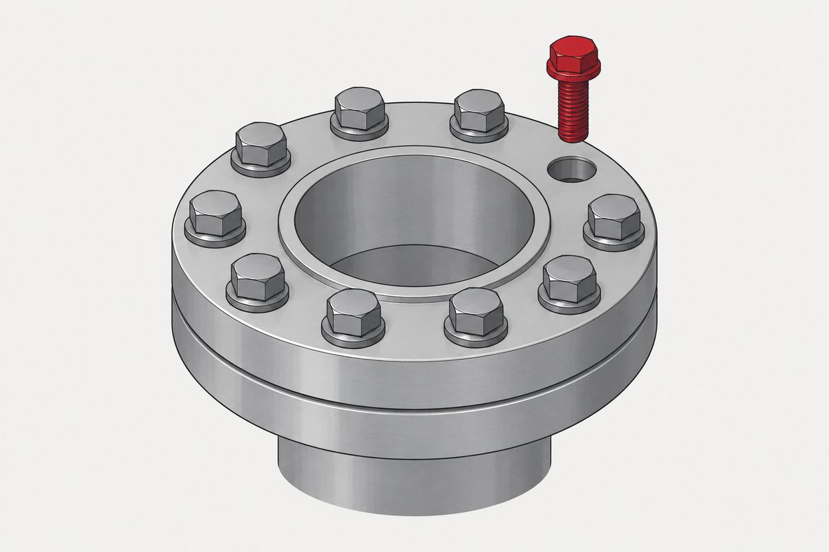 Steel flange with nine seated grey bolts and one red bolt hovering above the remaining empty hole.
