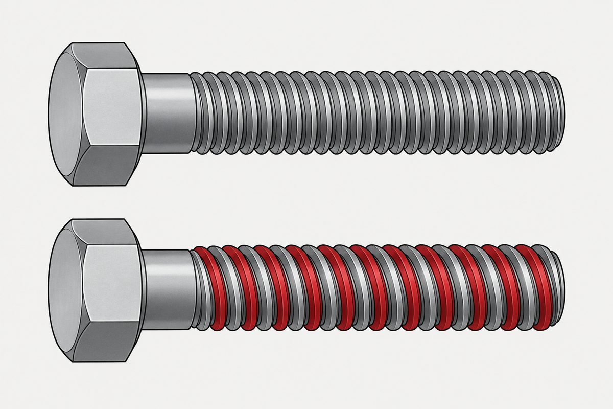 Two steel hex bolts lie parallel; the lower bolt has alternating grey and red helical thread ridges.