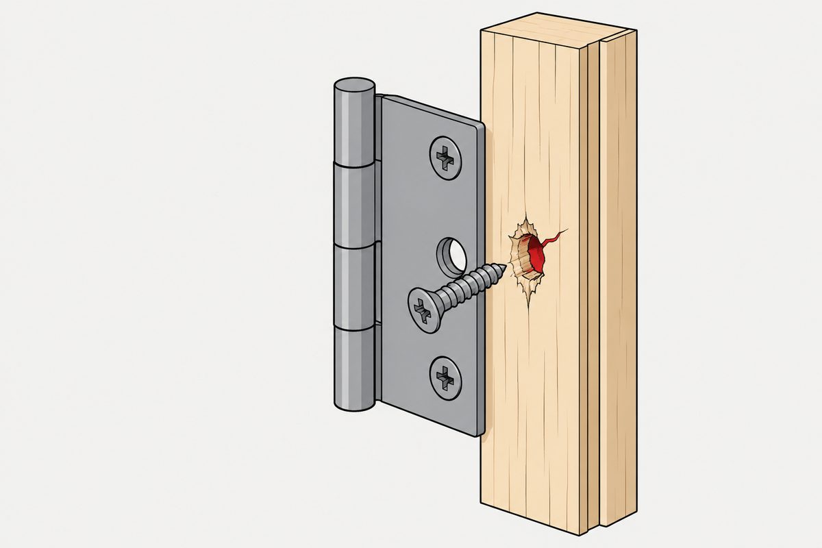 A withdrawn screw beside a steel door hinge points into a red, split hole in a pale wood jamb.