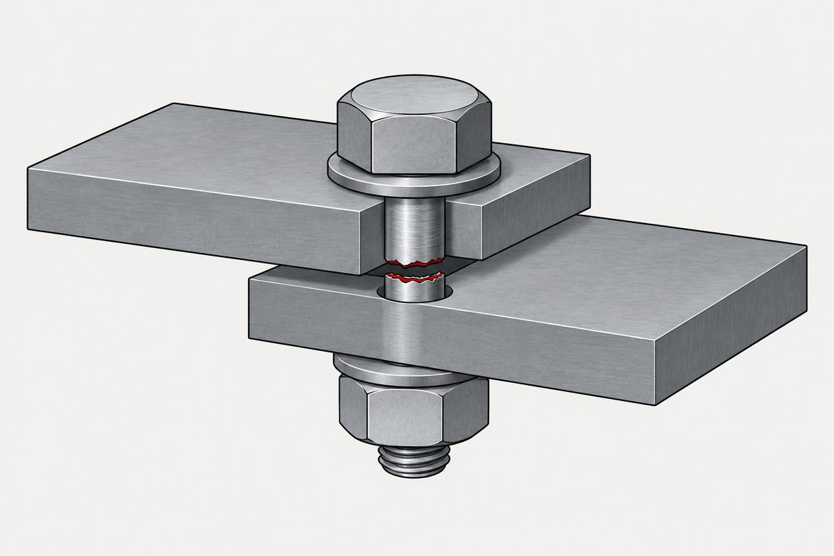 An unmarked hex-head bolt fractured between two overlapping steel plates, with the break highlighted in red.