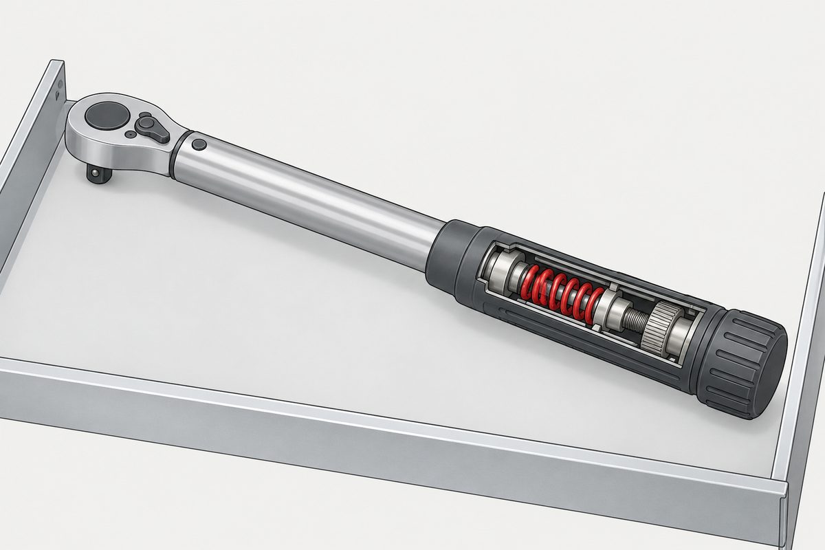 A cutaway torque wrench lies in a steel tool drawer, exposing a red internal spring and adjustment mechanism.
