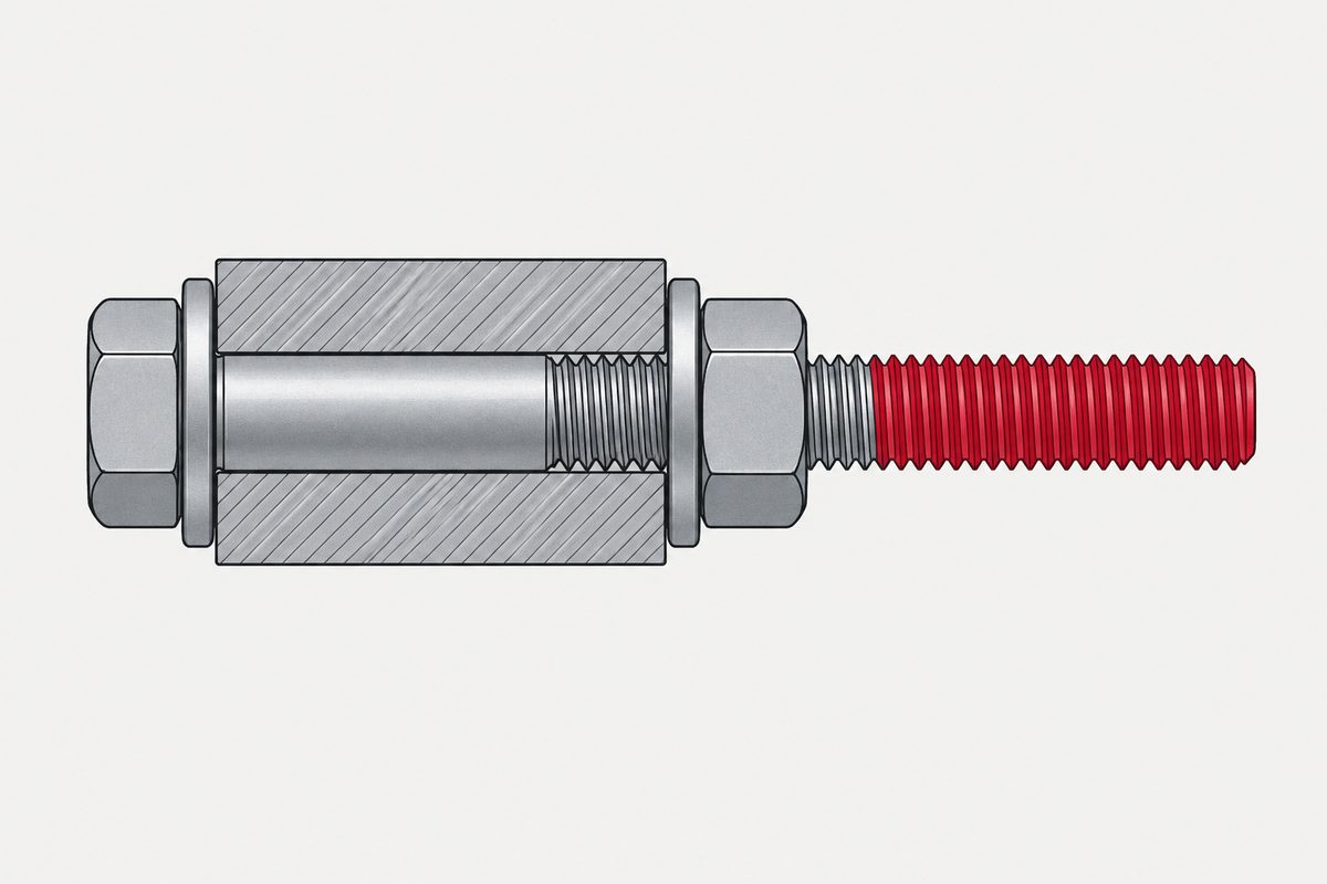 Cutaway steel bolted joint with a long red threaded tail extending beyond the nut.