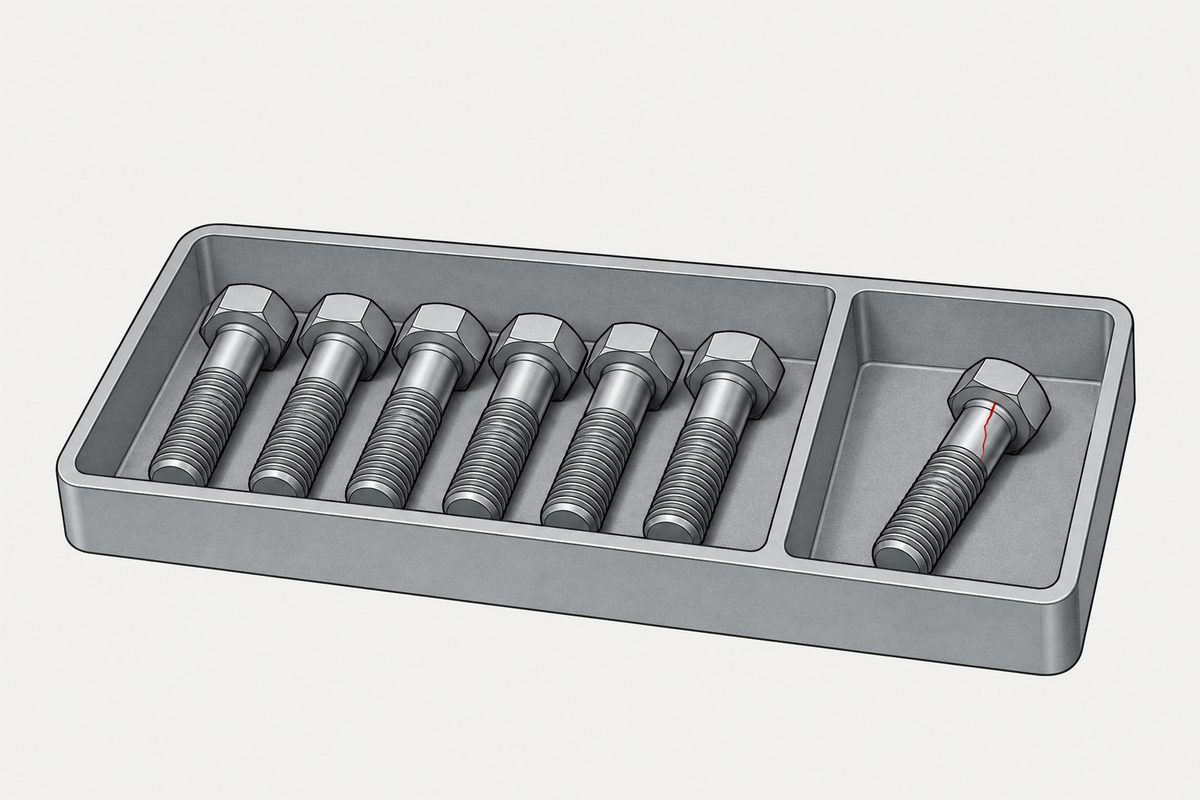 Seven steel hex bolts in a divided tray, with one separated bolt showing a red crack below its head.