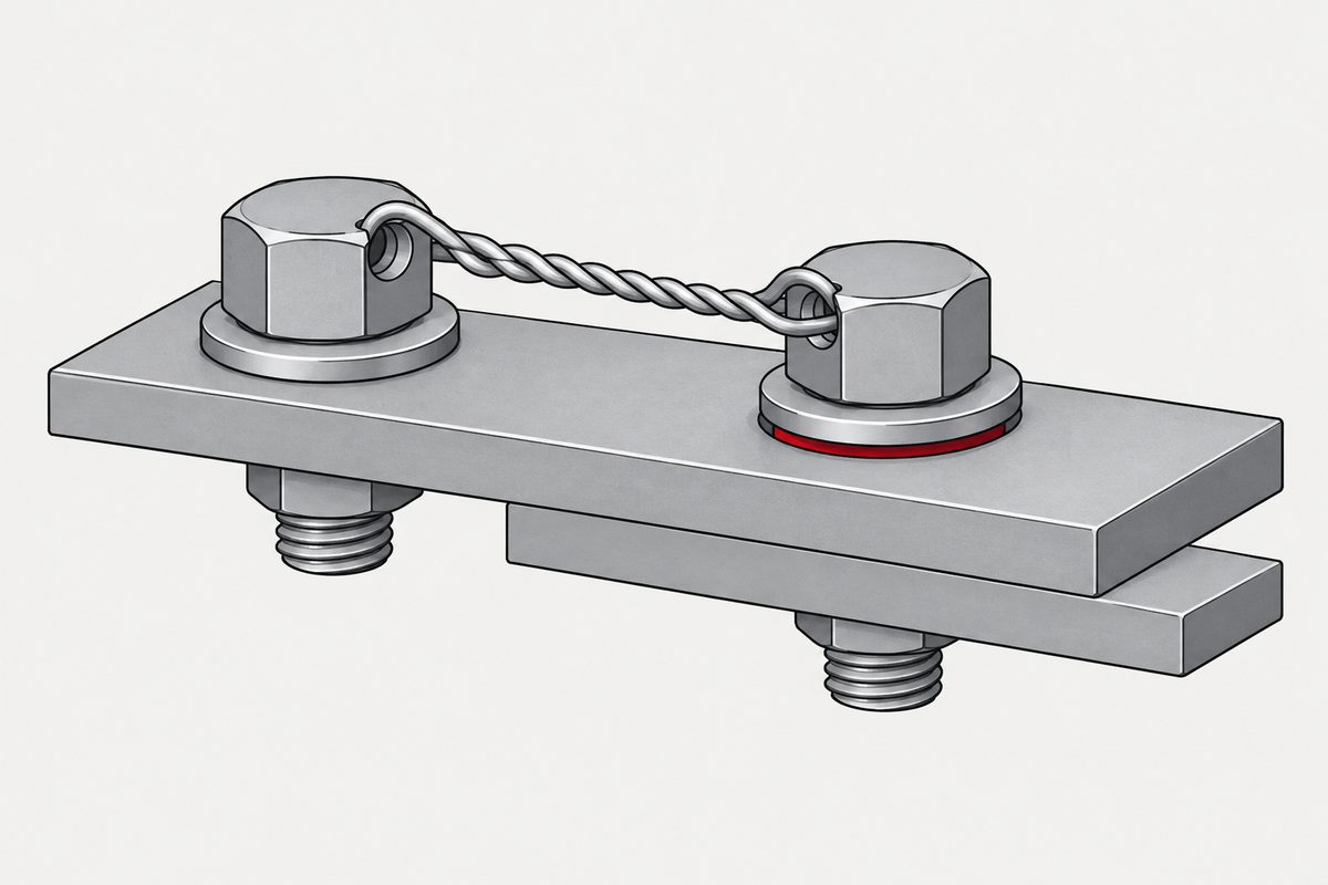 Two safety-wired bolts clamp overlapping steel plates, with a red gap beneath one washer.