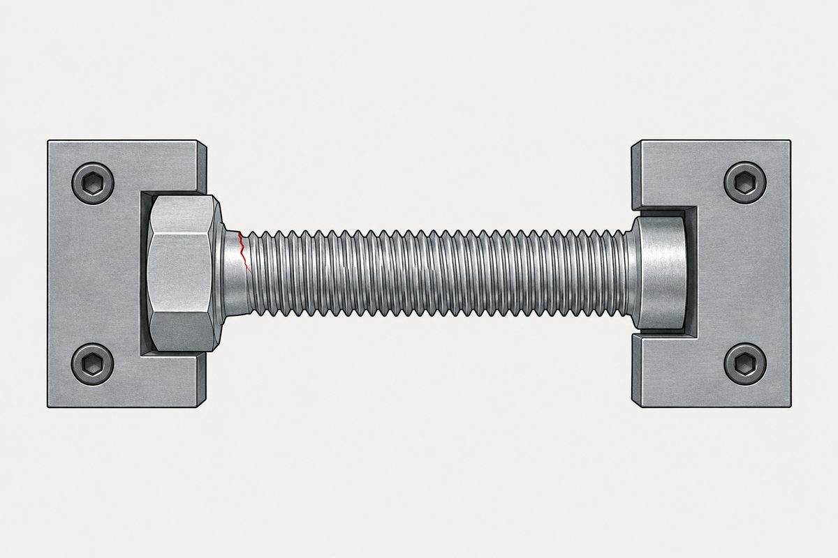 A steel bolt is held horizontally between two test fixtures, with a red crack near the bolt head.