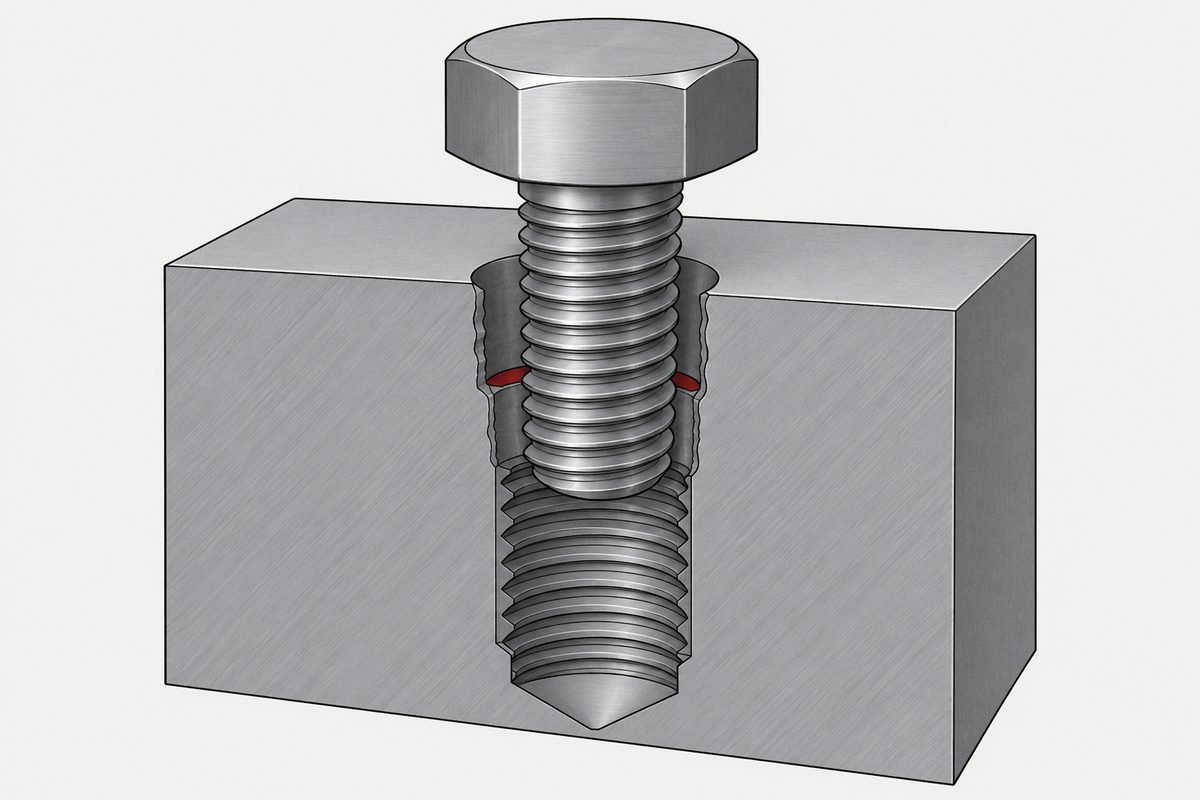 Cutaway steel block with a hex-head bolt loose in a stripped threaded bore and a red-highlighted gap.