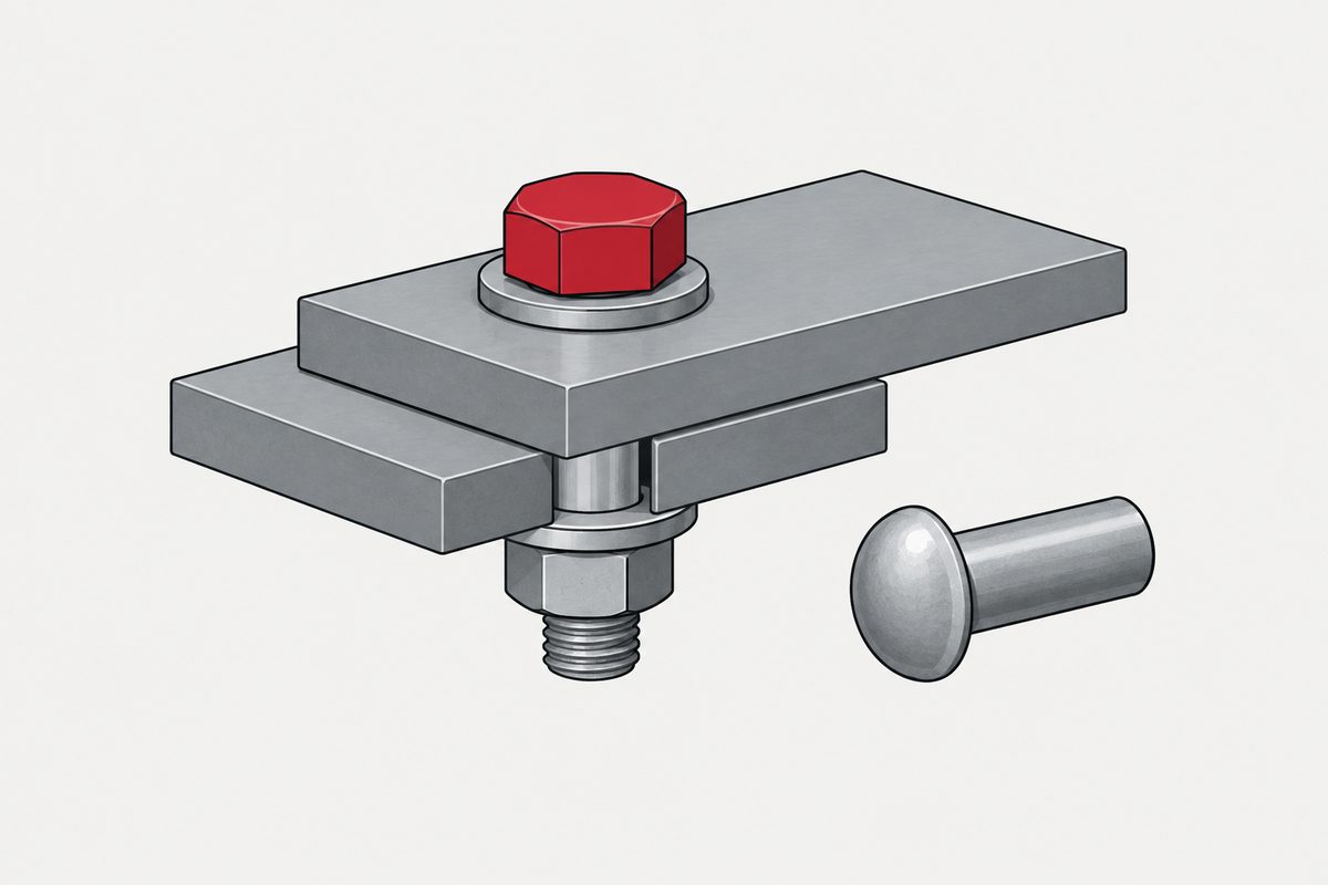 A red-headed hex bolt joins overlapping steel plates, with a removed solid rivet lying beside the joint.