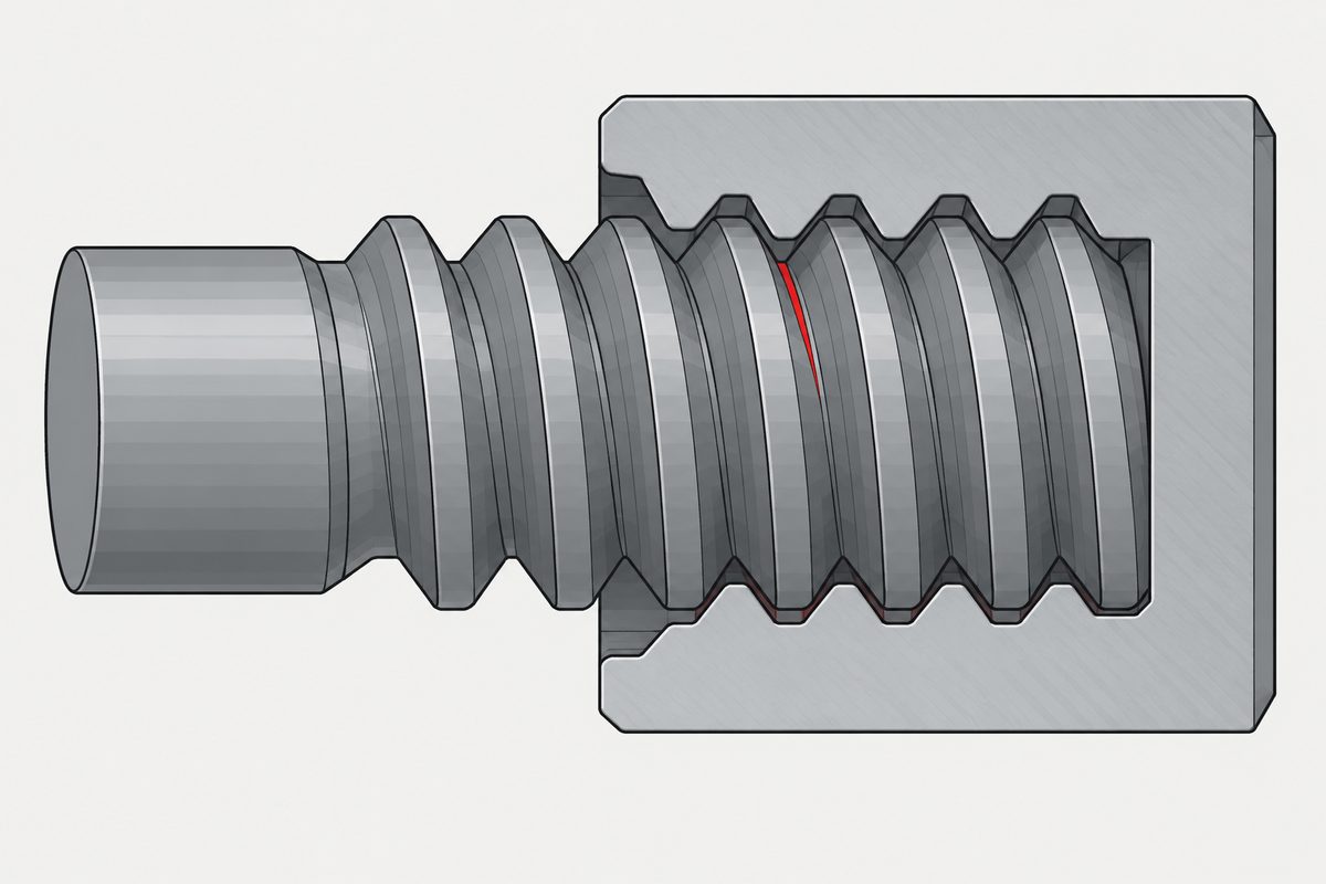 Cutaway screw entering a threaded block, with a narrow red gap between opposing thread flanks.