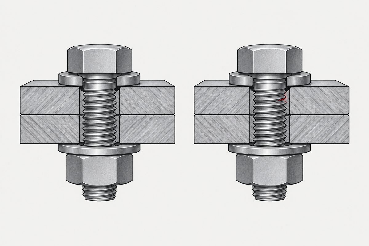 Two cutaway steel bolted joints side by side, with a small red crack at a thread root on the right.