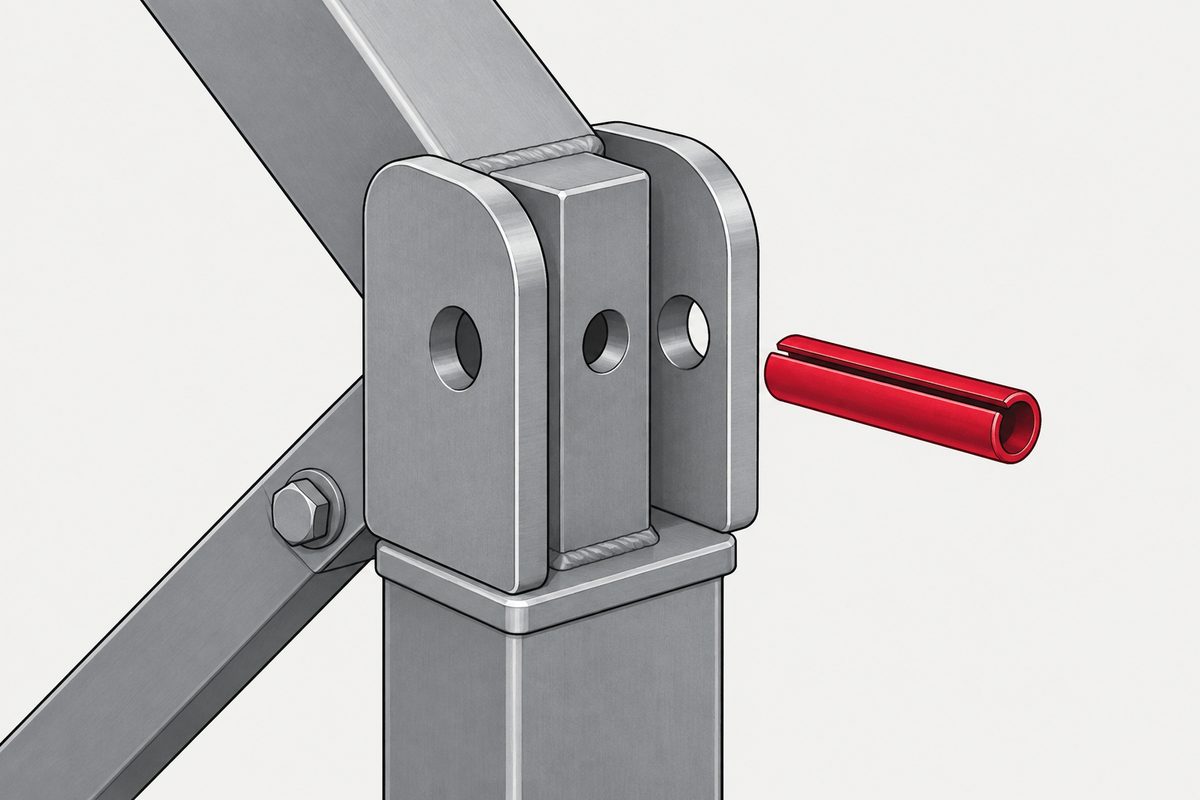 Red slotted roll pin aligned beside the holes of a grey steel clevis joint.