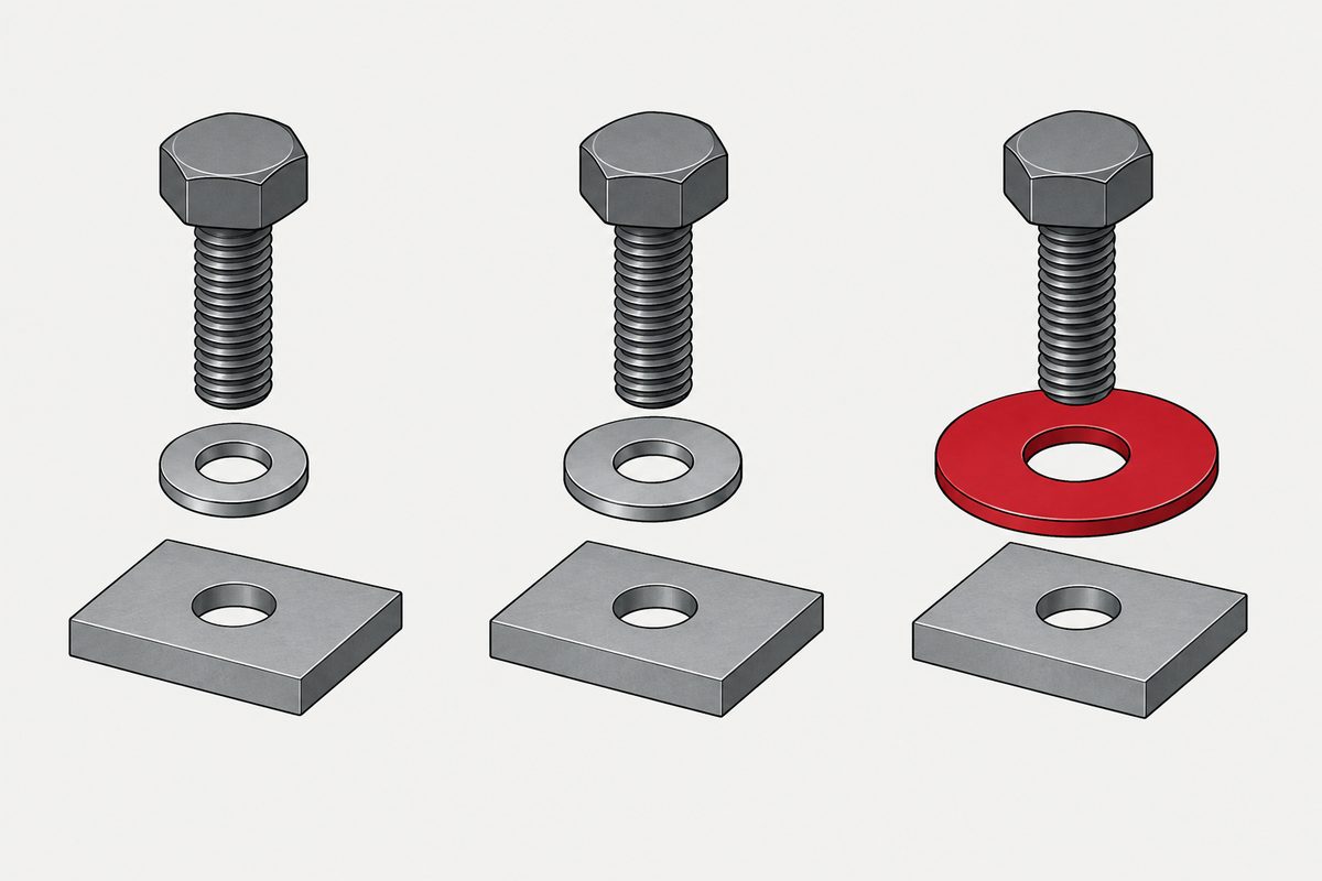 Three exploded bolt, washer, and steel plate assemblies, with the largest washer shown in red.