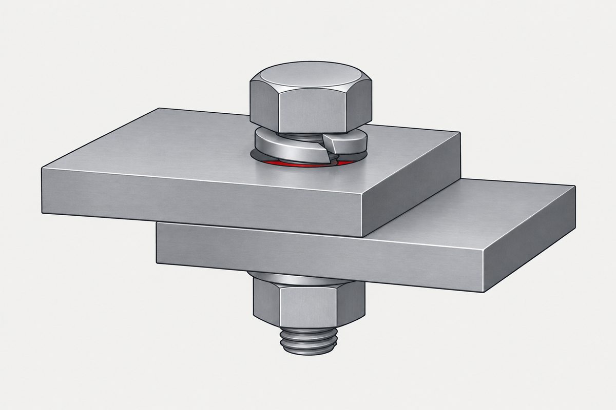 A hex bolt and split spring washer join two steel plates, with a narrow red gap beneath the washer.