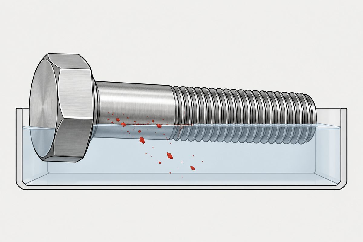A stainless steel hex bolt rests half-submerged in a shallow bath as small red particles drift from its surface.