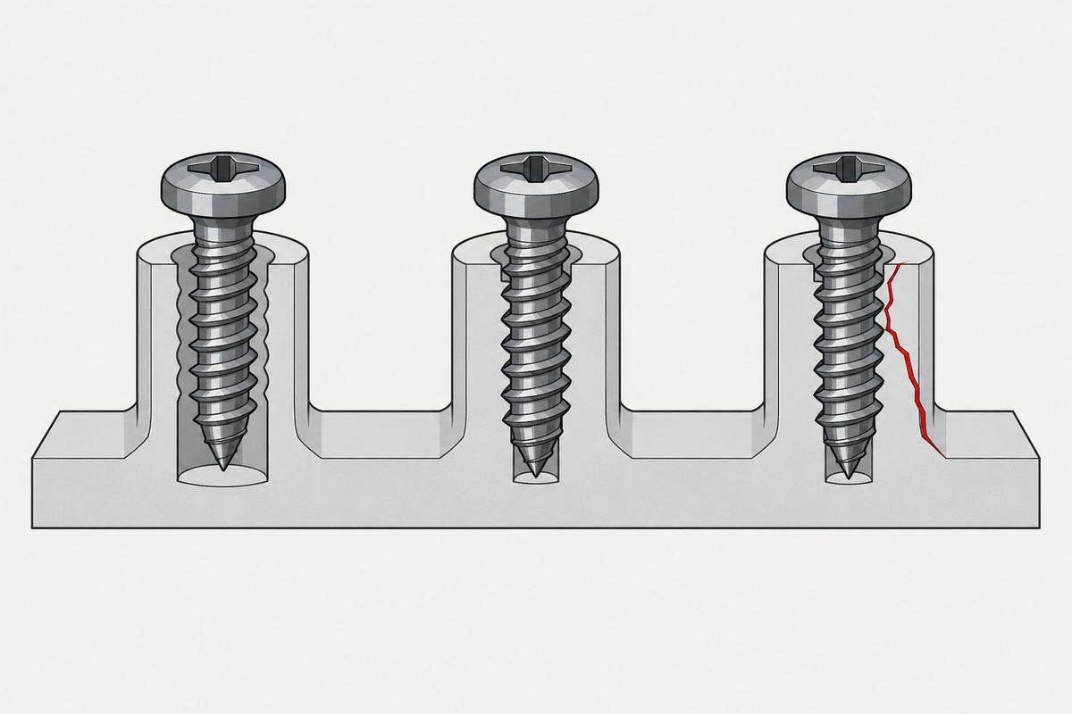 Three identical screws in cutaway plastic bosses; the right boss has a red crack.