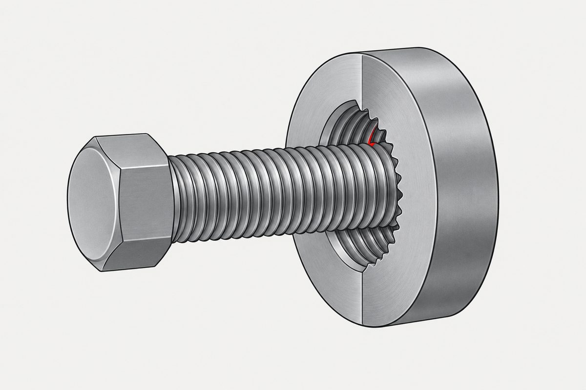 Steel hex bolt partly threaded through a cutaway ring gauge, with one red contact point between the threads.