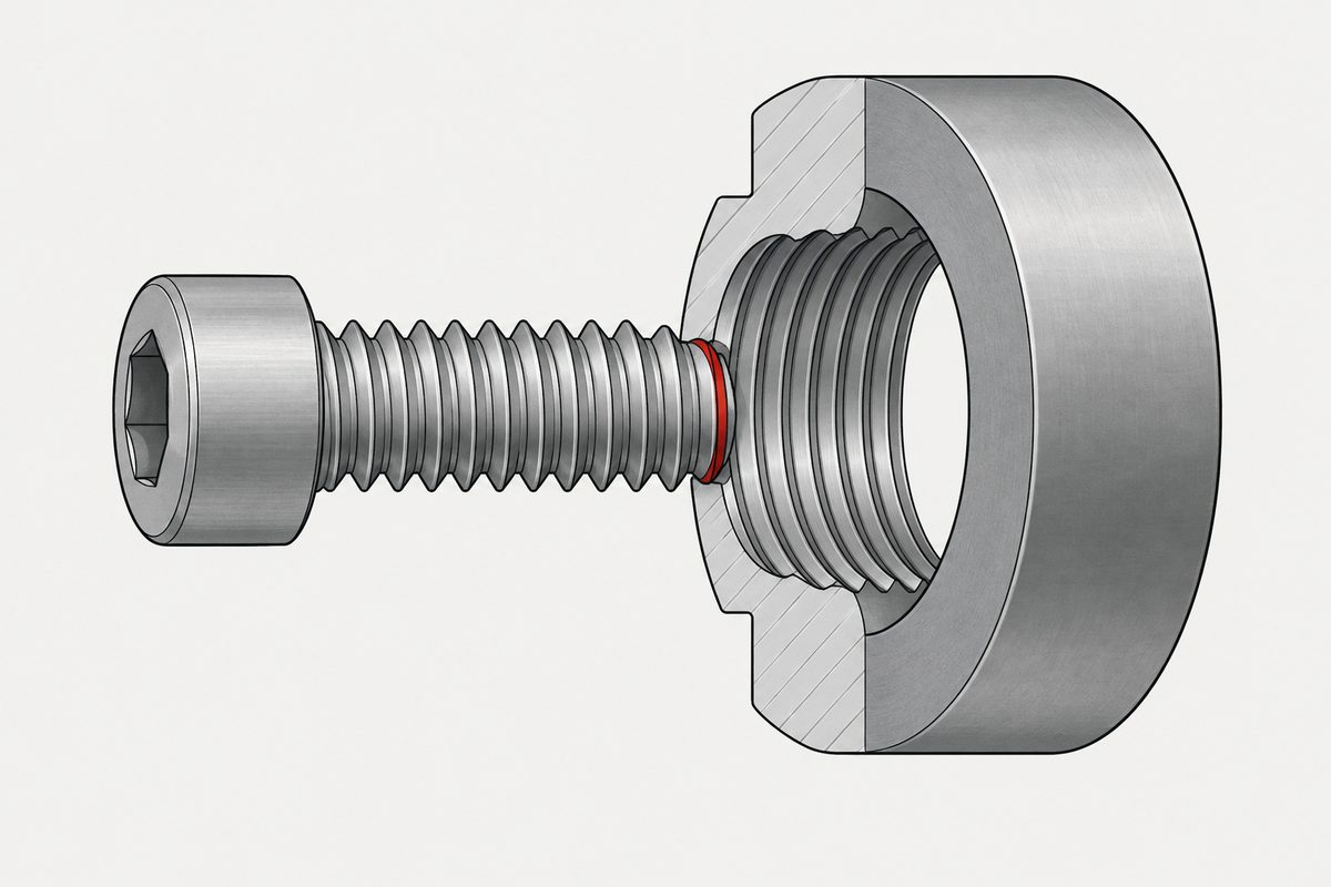 A plated steel screw stops at a cutaway threaded ring gauge, with the contact point highlighted red.