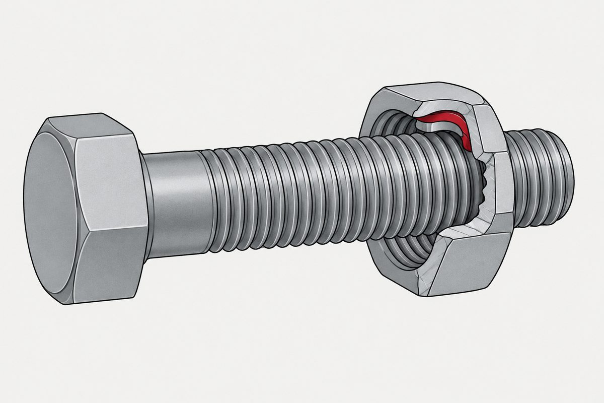 Cutaway steel locknut on a threaded bolt, with its internal locking contact highlighted in red.