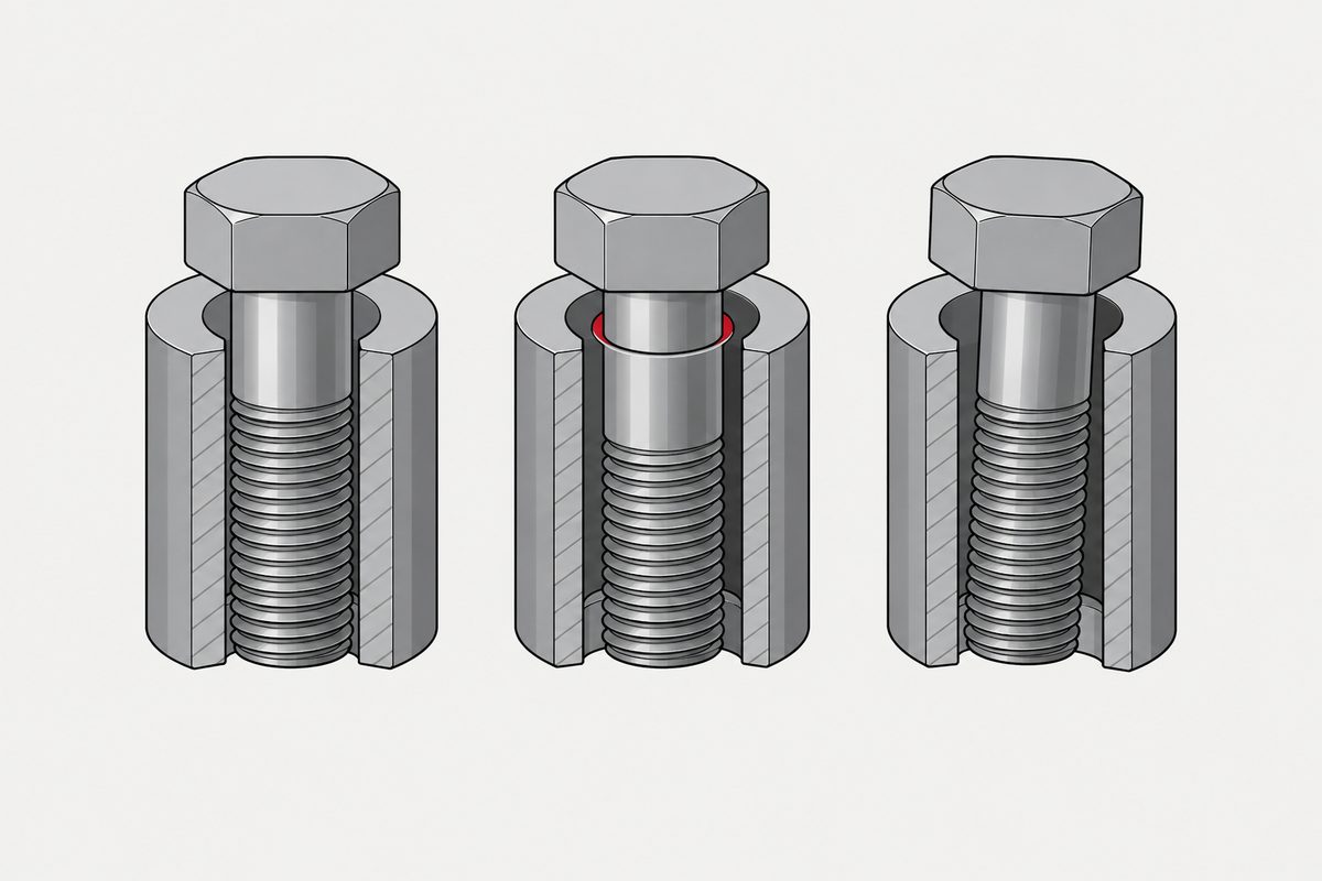 Three steel hex bolts sit in cutaway bushings, with a red crescent marking the clearance around the center bolt.