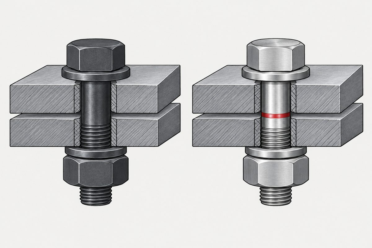 Two cutaway steel joints with dark and bright bolts; the bright bolt has a red band around its shank.