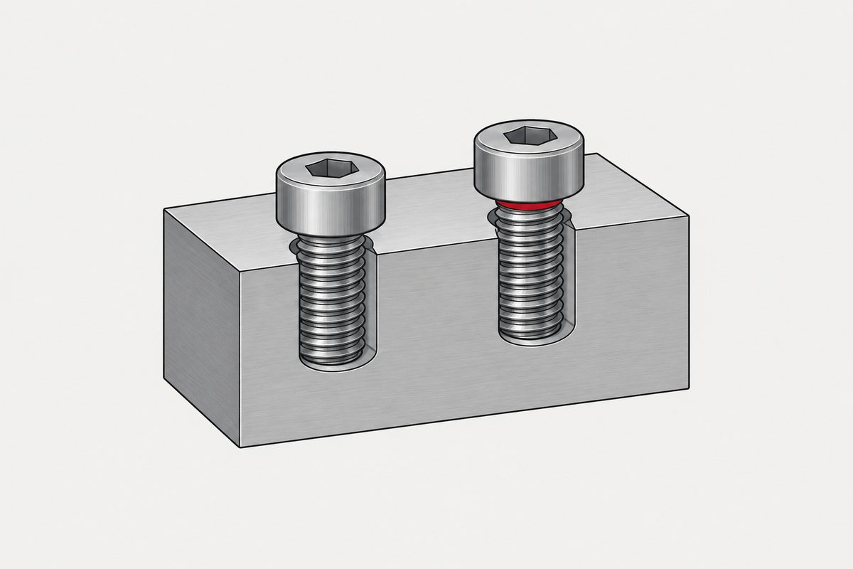 Two screws in a cutaway steel block; one is seated while the other stops above a red gap.