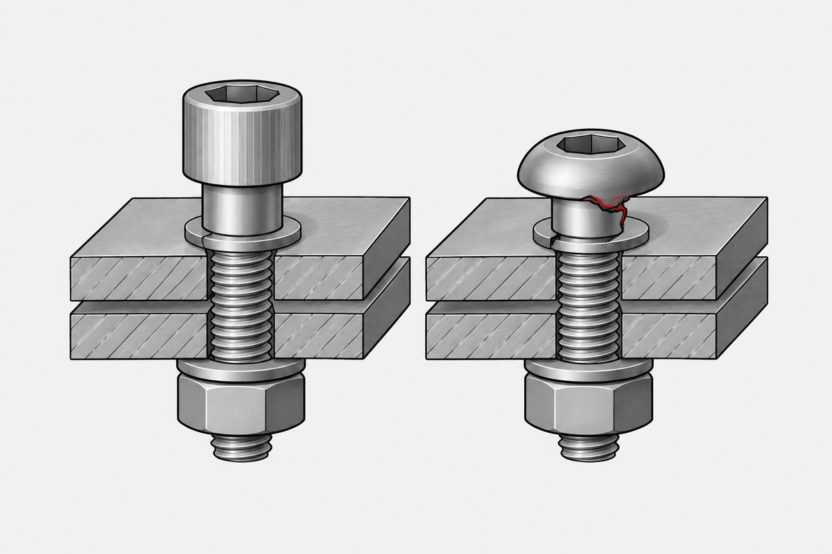 Two cutaway steel plate joints, with a red crack beneath the rounded screw head on the right.