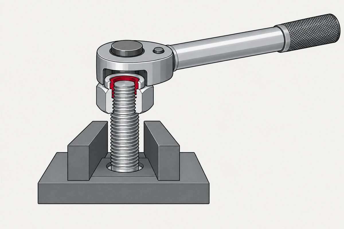 A torque wrench tests a cutaway nylon-insert lock nut on a bolt held in a steel fixture.