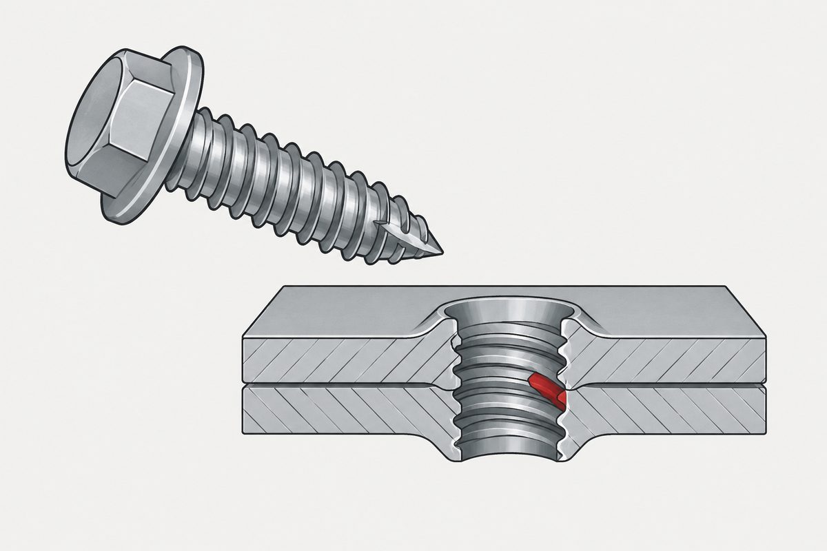 A removed self-tapping screw beside a steel-sheet cutaway, with one inner thread ridge highlighted red.