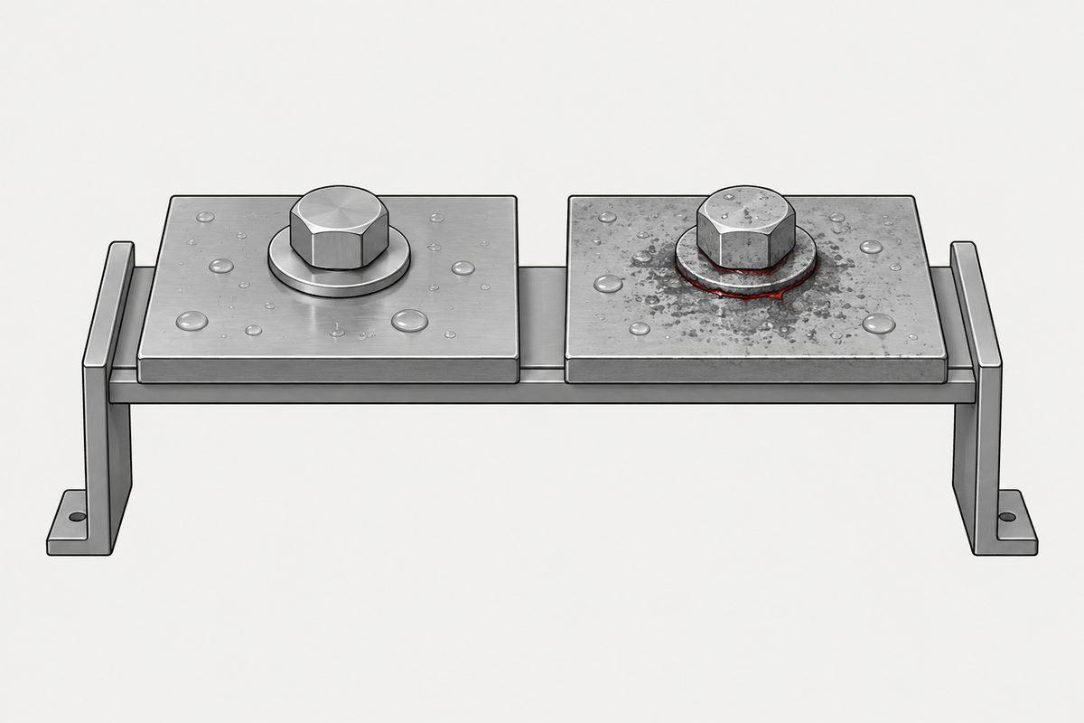 Two steel test coupons on a rack, with corrosion around the washer joint on the right.